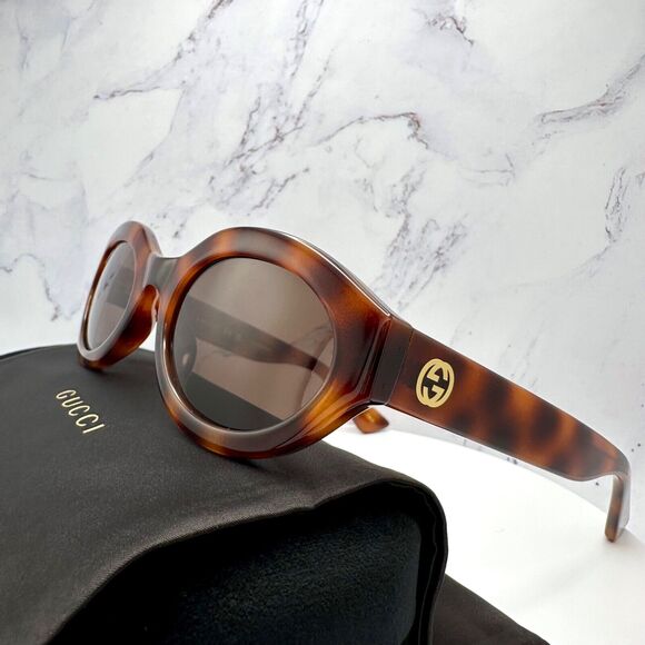 New GUCCI Sunglasses Brown Tortoise Shell Oval Gold GG Logo Womens - Picture 13 of 16